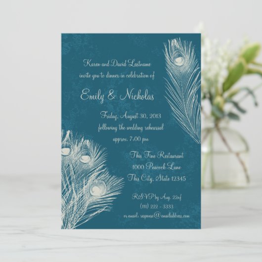Peacock Feather Probe Dinner Einladung (Stehend Vorderseite)