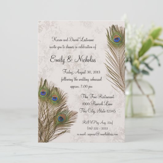 Peacock Feather Probe Dinner Einladung (Stehend Vorderseite)