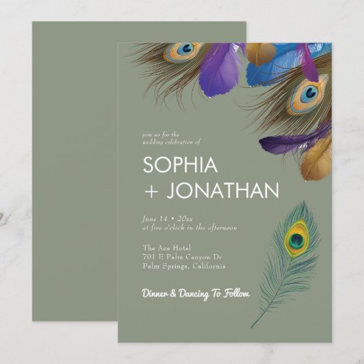 Peacock Feather Sage Green Wedding Moderner Chic Einladung (Vorne/Hinten)