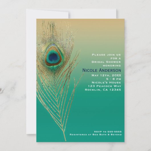 Peacock Feather Sand und Aquamarin Boho Glam Einla Einladung (Vorderseite)