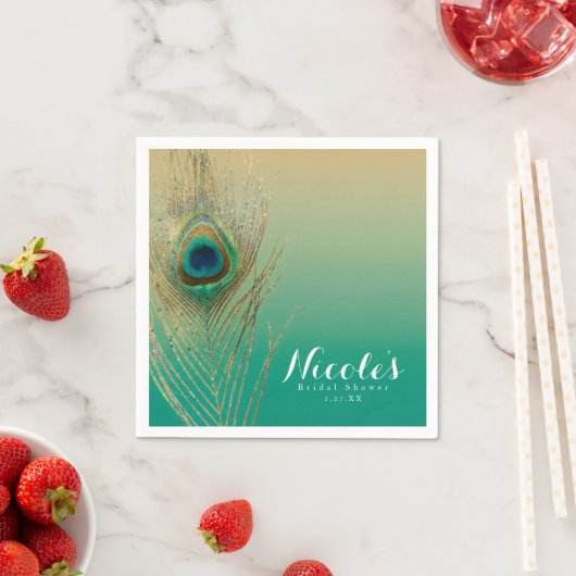 Peacock Feather Sand und Aquamariner Boho Party Em Serviette (Beispiel)