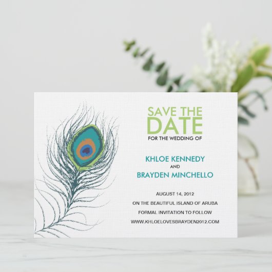 Peacock Feather Save the Date (Stehend Vorderseite)