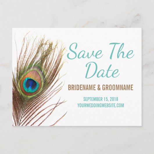 Peacock Feather Save the Date Ankündigungspostkarte (Vorderseite)