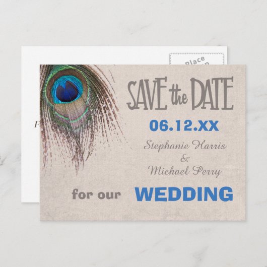 Peacock Feather Save the Date Hochzeit Postkarte (Vorne/Hinten)