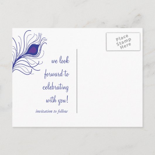 Peacock Feather Save the Date Postcard Ankündigungspostkarte (Rückseite)