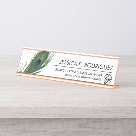 Peacock Feather Themed Elegant Schreibtischnamensplakette (Vorderseite )