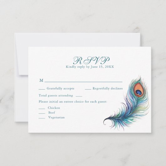 Peacock Feather Tropical Blume Hochzeit RSVP Card Dankeskarte (Vorderseite)