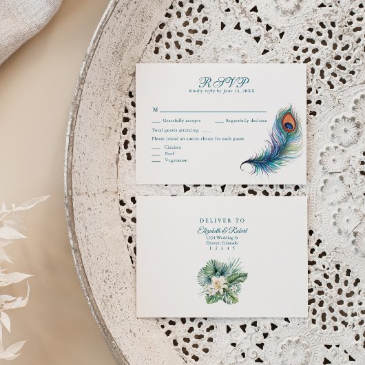 Peacock Feather Tropical Blume Hochzeit RSVP Card Dankeskarte