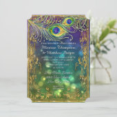 Peacock Feather Wedding Antique Vintag Mask Bokeh Einladung (Stehend Vorderseite)
