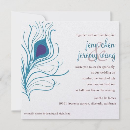 Peacock Feather Wedding Aubergine & Türkis Einladung (Vorderseite)