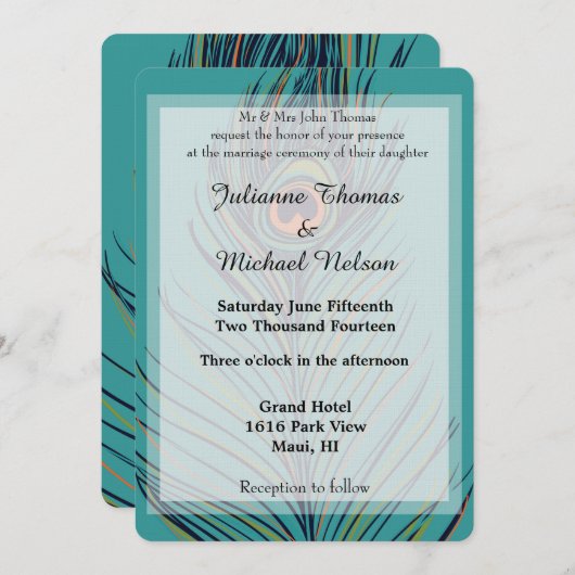 Peacock Feather Wedding Einladung (Vorne/Hinten)