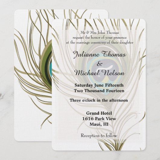 Peacock Feather Wedding Einladung (Vorne/Hinten)