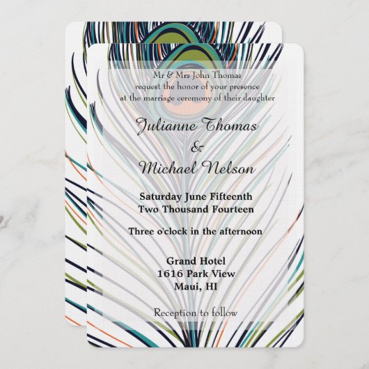 Peacock Feather Wedding Einladung (Vorne/Hinten)