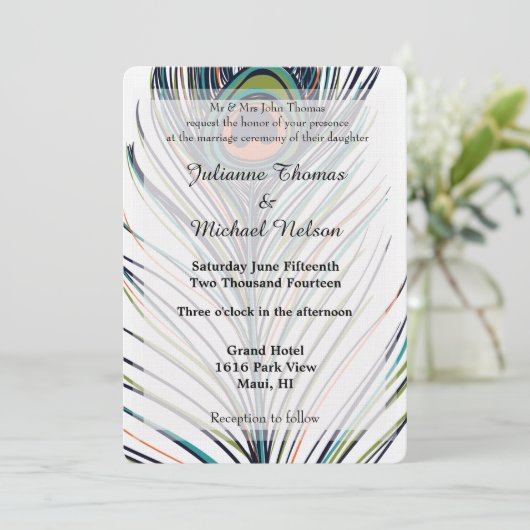 Peacock Feather Wedding Einladung (Stehend Vorderseite)