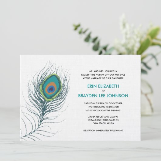 Peacock Feather Wedding Einladung (Stehend Vorderseite)