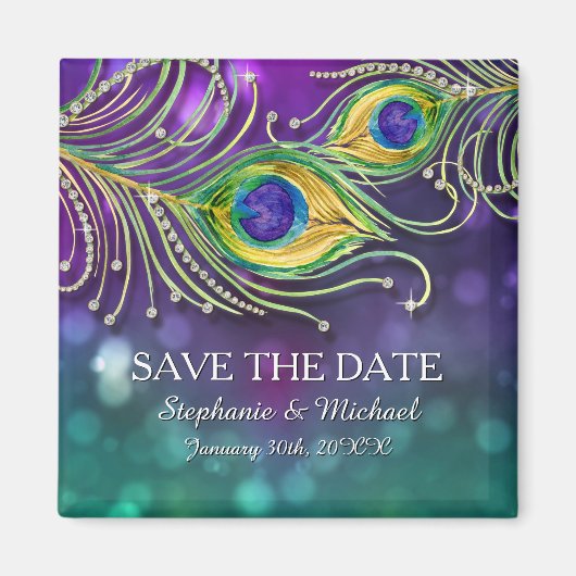 Peacock Feather Wedding Jeweled Save the Date Magnet (Vorne)