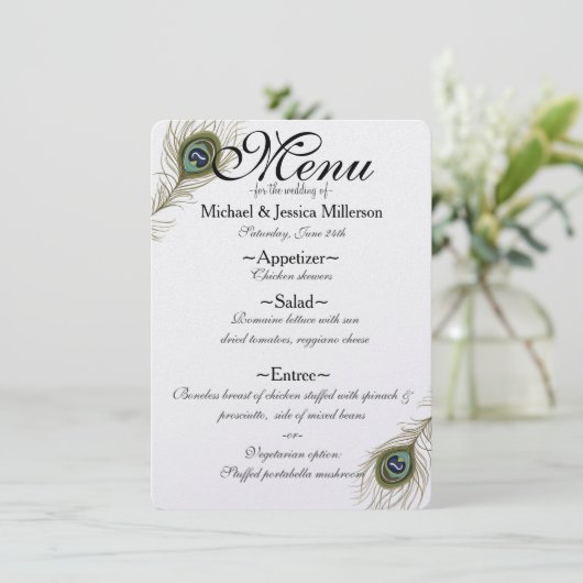Peacock Feather Wedding Menu Menükarte (Stehend Vorderseite)