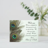Peacock Feather Wedding Welcome Bag Anmerkung Postkarte (Stehend Vorderseite)