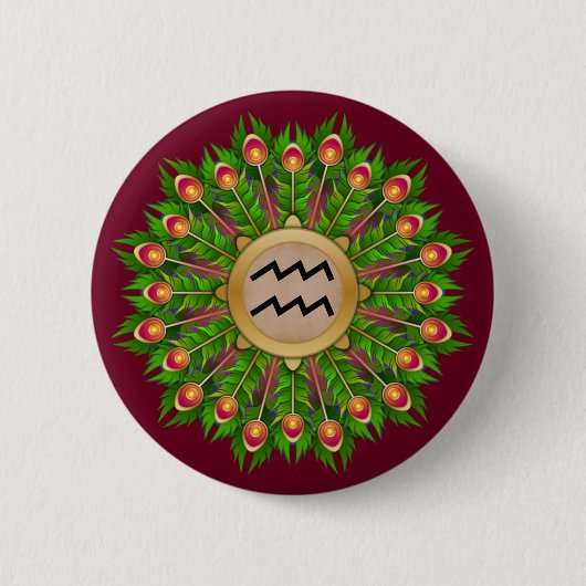 Peacock Feather Wreath Zodiac Sign Aquarius Button (Vorderseite)