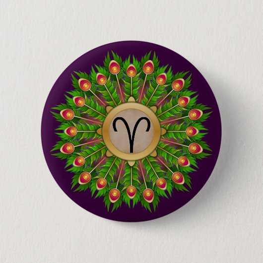 Peacock Feather Wreath Zodiac Sign Aries Button (Vorderseite)