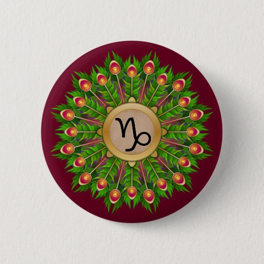 Peacock Feather Wreath Zodiac Sign Capricorn Button (Vorderseite)