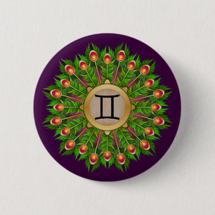Peacock Feather Wreath Zodiac Sign Gemini Button