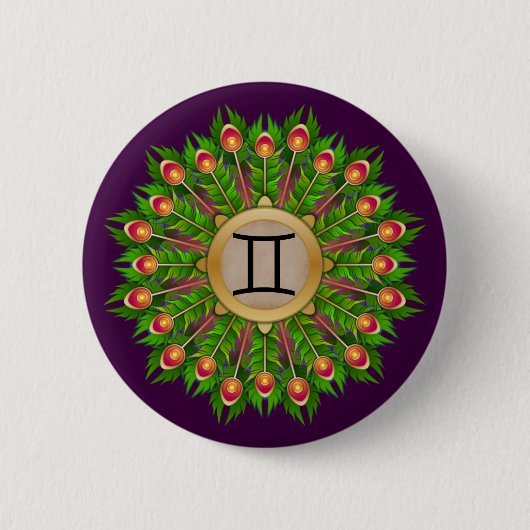 Peacock Feather Wreath Zodiac Sign Gemini Button (Vorderseite)
