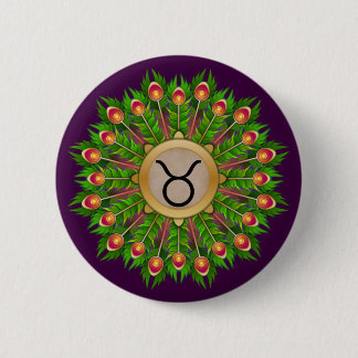 Peacock Feather Wreath Zodiac Sign Taurus Button