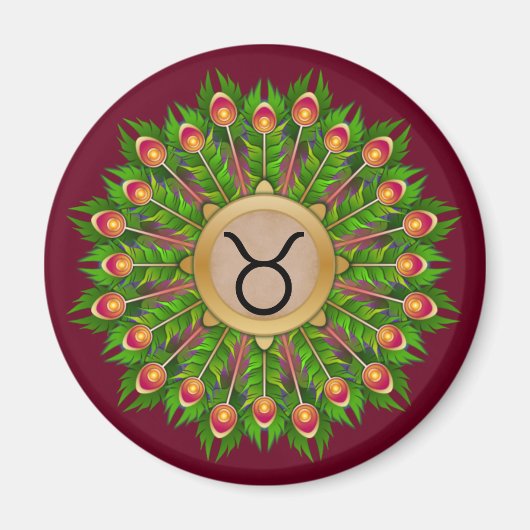 Peacock Feather Wreath Zodiac Sign Taurus Magnet (Vorne)