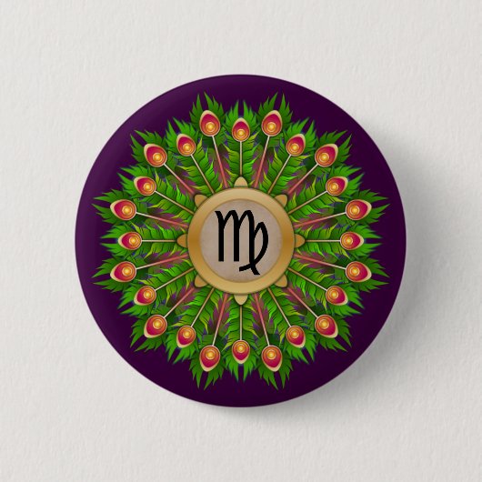 Peacock Feather Wreath Zodiac Sign Virgin Button (Vorderseite)