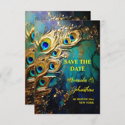 Peacock feathers 3D art iridescent elegante Save The Date (Vorne/Hinten)