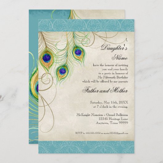 Peacock Feathers Aqua Damask Quinceanera Party Einladung (Vorne/Hinten)