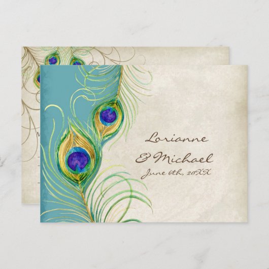 Peacock Feathers Aqua Damask UAWG Response Card Einladungspostkarte (Vorne/Hinten)
