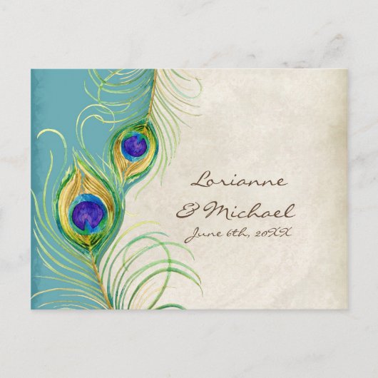 Peacock Feathers Aqua Damask UAWG Response Card Einladungspostkarte (Vorderseite)