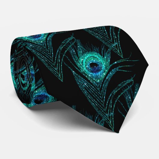 Peacock Feathers Aquamarin Blue Black Neck Tie Nec Krawatte (Gerollt)