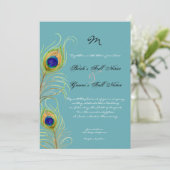 Peacock Feathers Aquamarin Blue Elegante Hochzeit Einladung (Stehend Vorderseite)