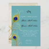 Peacock Feathers Aquamarin Blue Elegante Hochzeit Einladung (Vorne/Hinten)