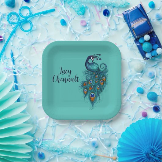 Peacock Feathers Aquamarin Peacocks Pappteller (Party)