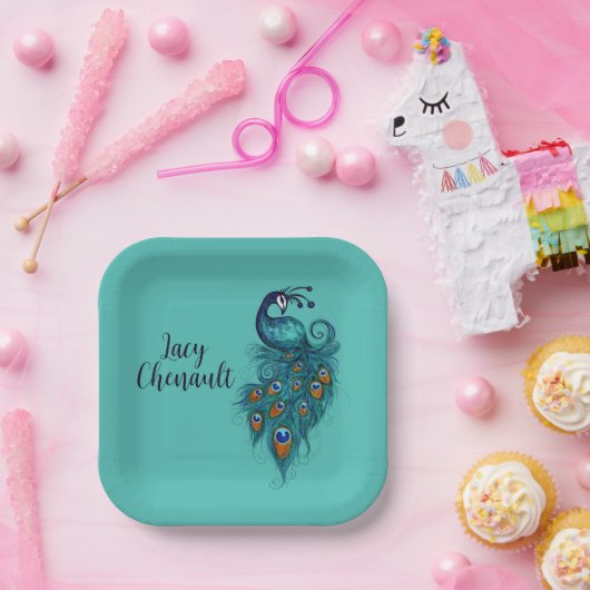 Peacock Feathers Aquamarin Peacocks Pappteller (Party)