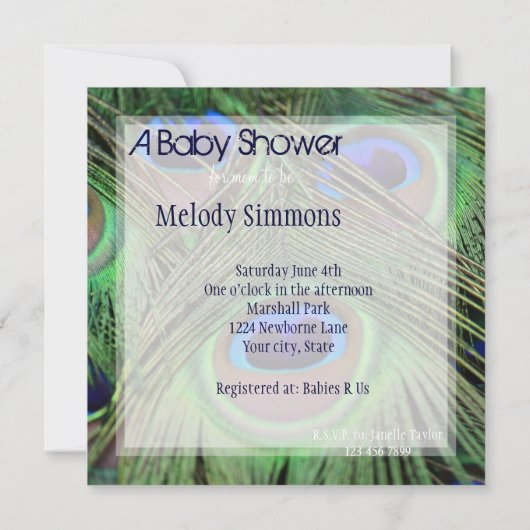 Peacock Feathers Baby Shower Einladung (Rückseite)