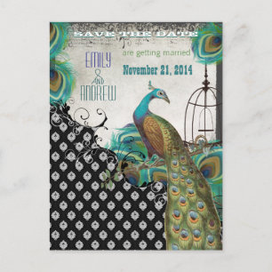Peacock Feathers Birdcage Save the Date Ankündigungspostkarte