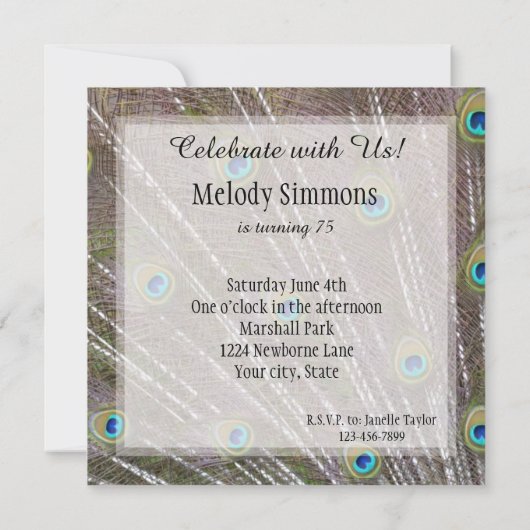 Peacock Feathers Birthday Einladung (Rückseite)