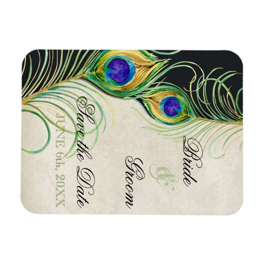 Peacock Feathers Black Damask Save the Date Magnet (Horizontal)