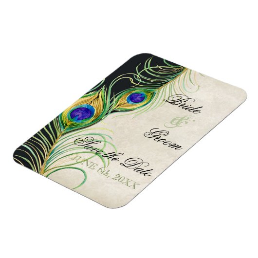 Peacock Feathers Black Damask Save the Date Magnet (Linke Seite)