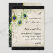 Peacock Feathers Black Damask Wedding Stationery Einladung (Vorne/Hinten)