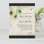 Peacock Feathers Black Damask Wedding Stationery Einladung (Stehend Vorderseite)