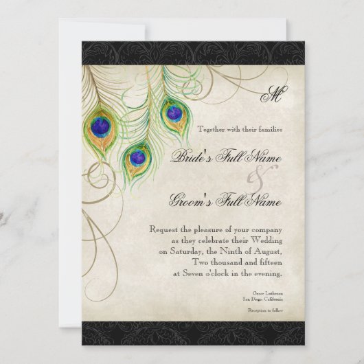 Peacock Feathers Black Damask Wedding Stationery Einladung (Vorderseite)