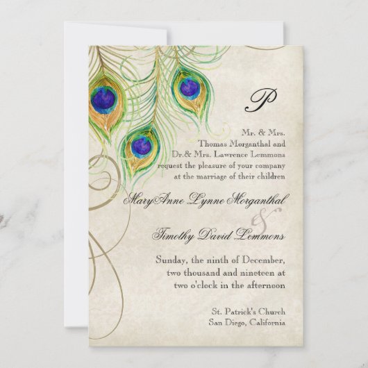 Peacock Feathers Black Damask Wedding Stationery Einladung (Vorderseite)