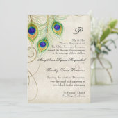 Peacock Feathers Black Damask Wedding Stationery Einladung (Stehend Vorderseite)