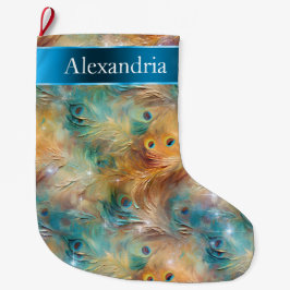 Peacock Feathers Blue Gold Weihnachtsname Großer Weihnachtsstrumpf